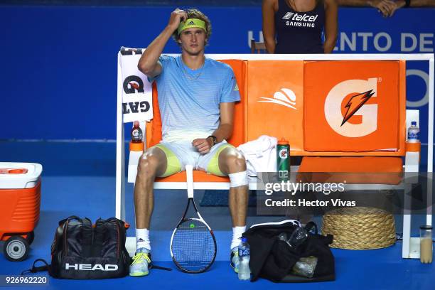 Alexander Zverev of Germany reacts during a semifinal match between Juan Martin del Potro of Argentina and Alexander Zverev of Germany as part of the...