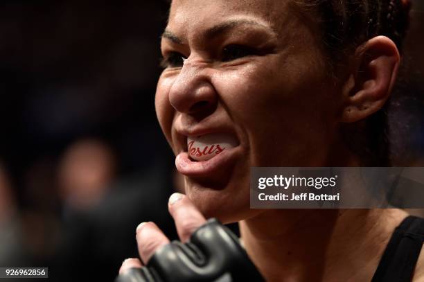 Cris Cyborg of Brazil prepares to fight Yana Kunitskaya in their women's featherweight bout during the UFC 222 event inside T-Mobile Arena on March...