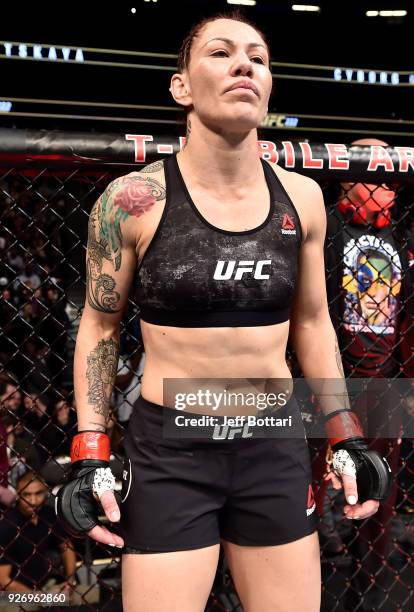 Cris Cyborg of Brazil prepares to fight Yana Kunitskaya in their women's featherweight bout during the UFC 222 event inside T-Mobile Arena on March...