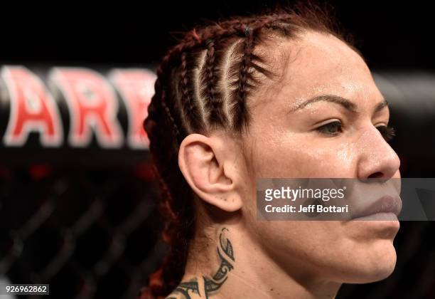 Cris Cyborg of Brazil prepares to fight Yana Kunitskaya in their women's featherweight bout during the UFC 222 event inside T-Mobile Arena on March...