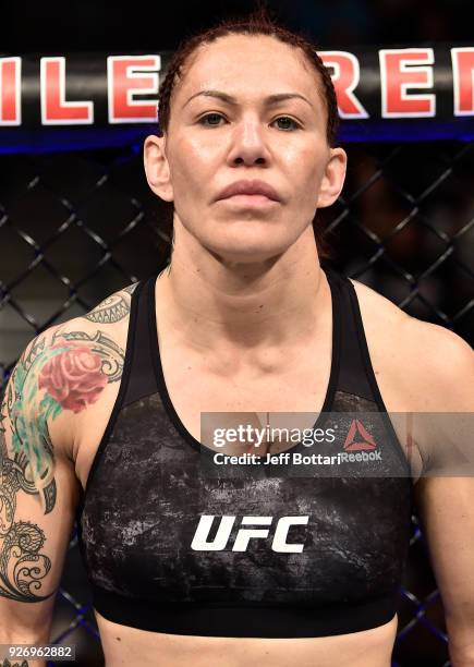 Cris Cyborg of Brazil prepares to fight Yana Kunitskaya in their women's featherweight bout during the UFC 222 event inside T-Mobile Arena on March...