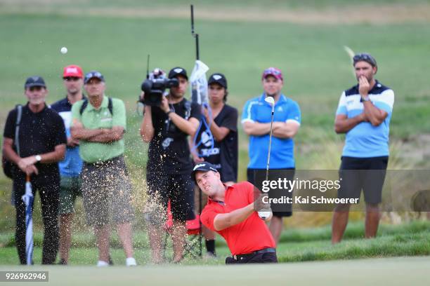 Daniel Nisbet of Australia plays a bunker shot during day four of the ISPS Handa New Zealand Golf Open at Millbrook Golf Resort on March 4, 2018 in...