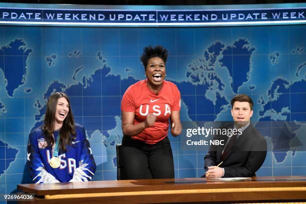 Episode 1739 "Charles Barkley" -- Pictured: Ice Hockey Olympian Hilary Knight, Leslie Jones, Colin Jost during "Weekend Update" in Studio 8H on...