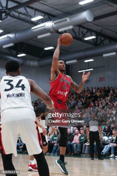 Joel Bolomboy of the Wisconsin Herd shoots the ball against the Raptors 905 on March 3, 2018 at the Menominee Nation Arena in Oshkosh, Wisconsin....