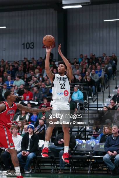 Malachi Richardson of the Raptors 905 shoots the ball against the Wisconsin Herd on March 3, 2018 at the Menominee Nation Arena in Oshkosh,...