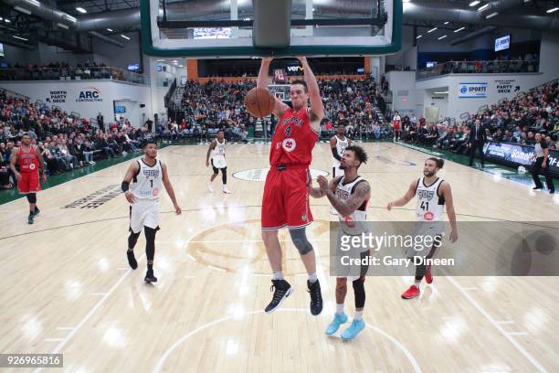 Marshall Plumlee of the Wisconsin Herd dunks the ball against the Raptors 905 on March 3, 2018 at the Menominee Nation Arena in Oshkosh, Wisconsin....