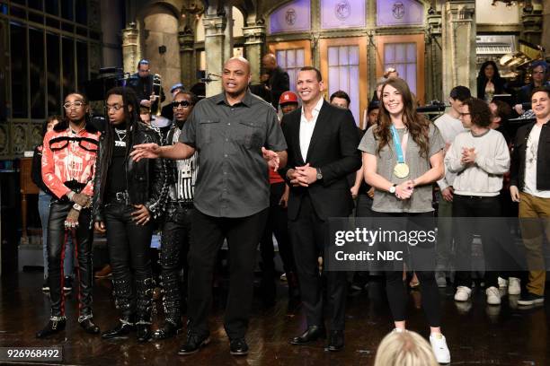 Episode 1739 "Charles Barkley" -- Pictured: Musical Guest Migos, Host Charles Barkley, Alex Rodriguez, Ice Hockey Olympian Hilary Knight, Alec...