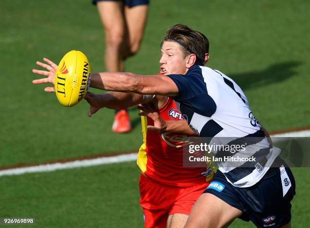 Rhys Stanley of the Cats contests the ball during the AFL JLT Community Series match between the Geelong Cats and the Gold Coast Suns at Riverway...