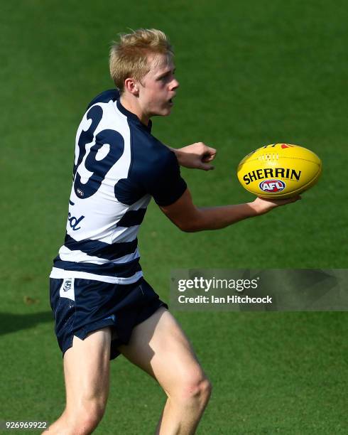 Zach Guthrie of the Cats passes the ball during the AFL JLT Community Series match between the Geelong Cats and the Gold Coast Suns at Riverway...