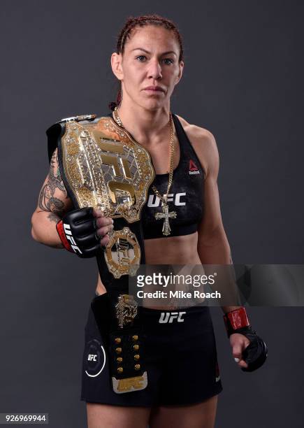 Cris Cyborg of Brazil poses for a portrait backstage after her victory over Yana Kunitskaya of Russia during the UFC 222 event inside T-Mobile Arena...