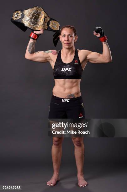 Cris Cyborg of Brazil poses for a portrait backstage after her victory over Yana Kunitskaya of Russia during the UFC 222 event inside T-Mobile Arena...