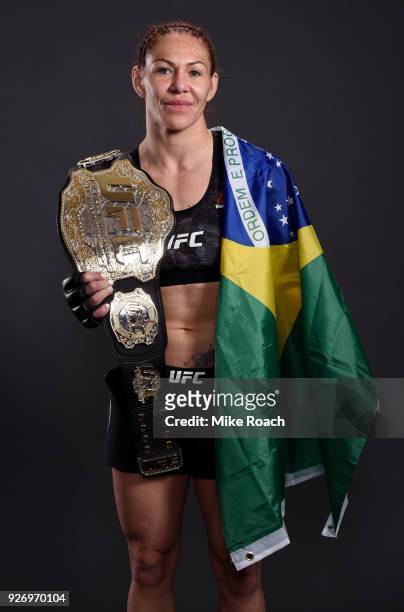 Cris Cyborg of Brazil poses for a portrait backstage after her victory over Yana Kunitskaya of Russia during the UFC 222 event inside T-Mobile Arena...