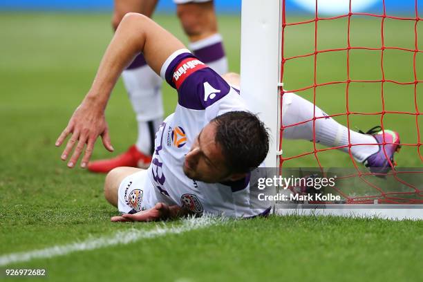 Dino Djulbic of the Glory hits the goal post after clearing the ball during the round 23 A-League match between the Western Sydney Wanderers and the...