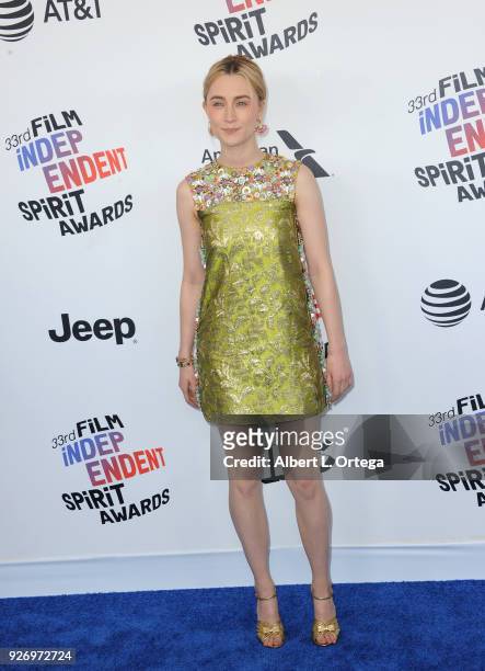 Actress Saoirse Ronan arrives for the 2018 Film Independent Spirit Awards on March 3, 2018 in Santa Monica, California.