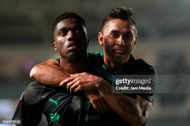 Jorge Djaniny Tavares and Jesus Isijara celebrate during the 10th round match between Necaxa and Santos Laguna as part of the Torneo Clausura 2018...