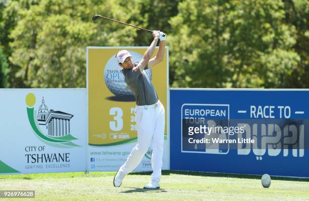 Gregory Bourdy of France tees off on the third hole during the third round of the Tshwane Open at Pretoria Country Club on March 3, 2018 in Pretoria,...