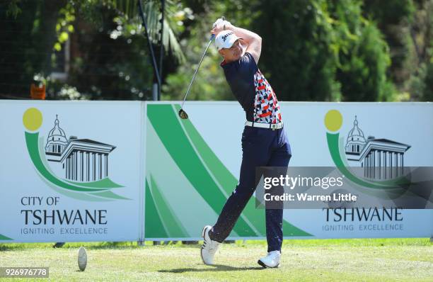 Jacques Kruyswijk of South Africa tees off on the third hole during the third round of the Tshwane Open at Pretoria Country Club on March 3, 2018 in...