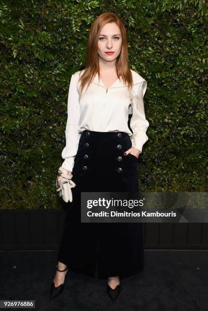 Josephine de La Baume, wearing CHANEL, attends Charles Finch and Chanel Pre-Oscar Awards Dinner at Madeo in Beverly Hills on March 3, 2018 in Beverly...