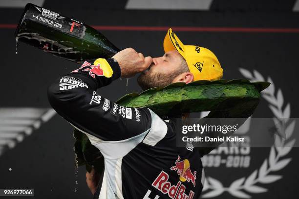 Shane Van Gisbergen driver of the Red Bull Holden Racing Team Holden Commodore ZB celebrates after winning race 2 for the Supercars Adelaide 500 on...