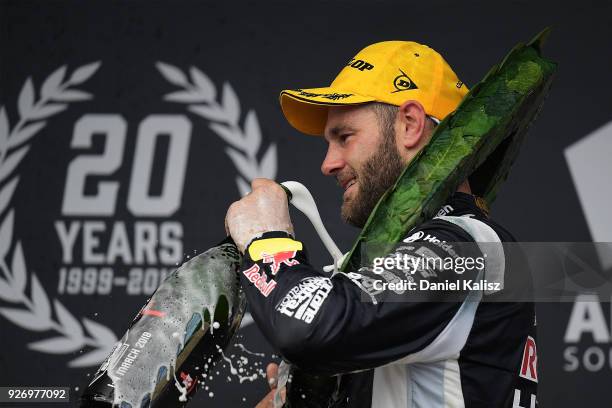 Shane Van Gisbergen driver of the Red Bull Holden Racing Team Holden Commodore ZB celebrates after winning race 2 for the Supercars Adelaide 500 on...