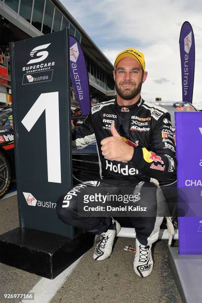 Shane Van Gisbergen driver of the Red Bull Holden Racing Team Holden Commodore ZB celebrates after winning race 2 for the Supercars Adelaide 500 on...