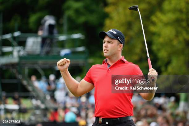 Daniel Nisbet of Australia reacts after winning the Brodie Breeze Challenge Cup during day four of the ISPS Handa New Zealand Golf Open at Millbrook...