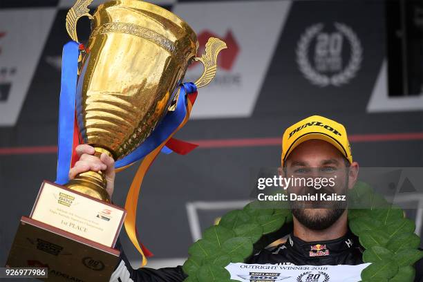 Shane Van Gisbergen driver of the Red Bull Holden Racing Team Holden Commodore ZB celebrates after winning race 2 for the Supercars Adelaide 500 on...