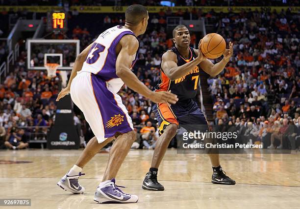 Kelenna Azubuike of the Golden State Warriors passes the ball during the NBA game against the Phoenix Suns at US Airways Center on October 30, 2009...