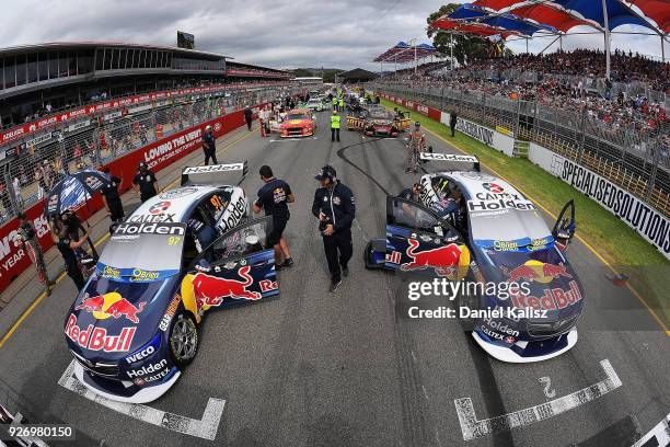 The cars of Shane Van Gisbergen driver of the Red Bull Holden Racing Team Holden Commodore ZB and Jamie Whincup driver of the Red Bull Holden Racing...