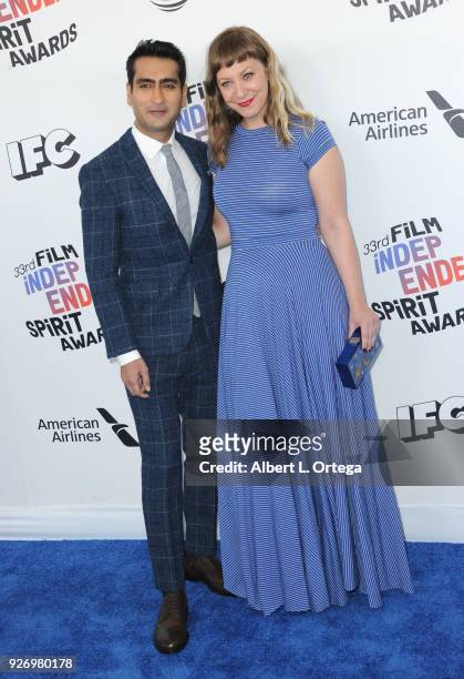 Actor Kumail Nanjiani and wife/writer Emily V. Gordon arrive for the 2018 Film Independent Spirit Awards on March 3, 2018 in Santa Monica, California.