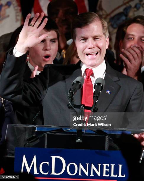 Republican Governor-elect Bob McDonnell of Virginia greets the crowd at his victory party on November 3, 2009 in Richmond, Virginia. McDonnell beat...