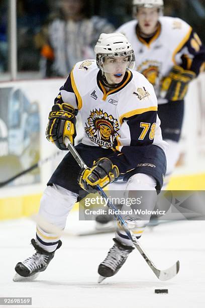 Michael Bournival of the Shawinigan Cataractes skates with the puck during the game against the Rouyn-Noranda Huskies at the Bionest Centre on...