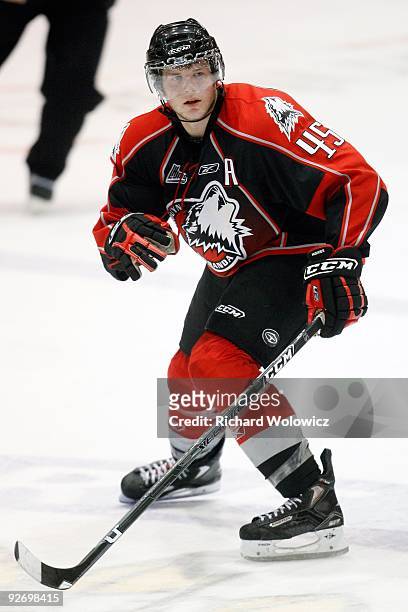 Gabriel O'Connor of the Rouyn-Noranda Huskies skates during the game against the Shawinigan Cataractes at the Bionest Centre on October 29, 2009 in...
