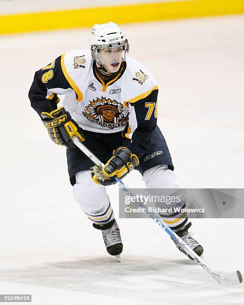 Michael Bournival of the Shawinigan Cataractes skates during the game against the Rouyn-Noranda Huskies at the Bionest Centre on October 29, 2009 in...