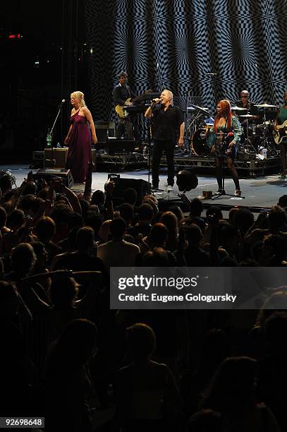 Cindy Wilson, Fred Schneider and Kate Pierson of the B52s perform in concert at Governor's Island on August 18, 2009 in New York City.