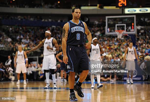 Guard Deron Williams of the Utah Jazz during play against the Dallas Mavericks on November 3, 2009 at American Airlines Center in Dallas, Texas. NOTE...