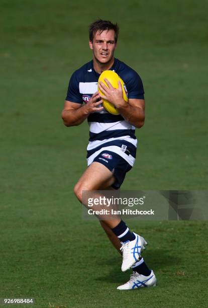 Cory Gregson of the Cats takes a mark during the AFL JLT Community Series match between the Geelong Cats and the Gold Coast Suns at Riverway Stadium...