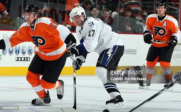 Todd Fedoruk of the Tampa Bay Lightning skates against the Philadelphia Flyers on November 2, 2009 at Wachovia Center in Philadelphia, Pennsylvania....