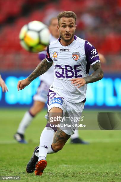 Adam Taggart of the Glory passes during the round 23 A-League match between the Western Sydney Wanderers and the Perth Glory at Spotless Stadium on...