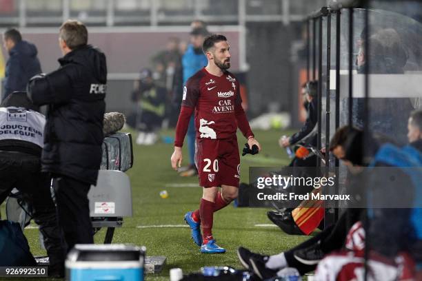 Julian Palmieri of Metz receives a red card during the Ligue 1 match between Metz and Toulouse at on March 3, 2018 in Metz, .