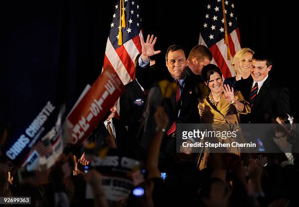 Republican New Jersey Governor-elect Chris Christie and wife Mary Pat wave to election-night supporters November 3, 2009 in Parsippany New Jersey....