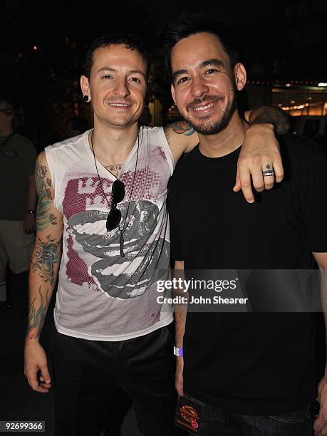 Musicians Chester Bennington and Mike Shinoda of Linkin Park backstage at KROQ's Epicenter '09: Presented By Rogue at the Fairplex on August 22, 2009...