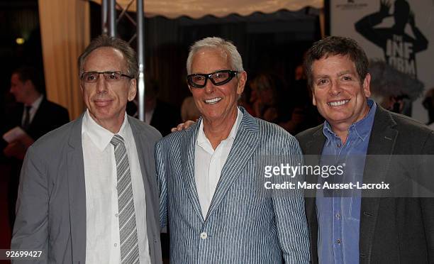 Directors, Jerry Zucker , Jim Abrahams , and David Zucker, pose for the screening of 'Top Secret' at the 35th American Film Festival on September 8,...