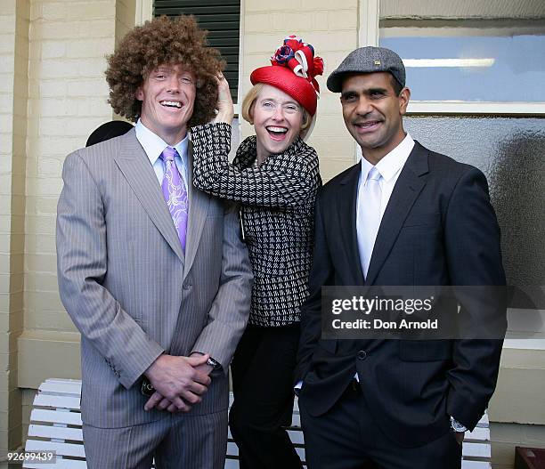 Craig Fitzgibbon, Gai Waterhouse and Michael O'Loughlin pose during celebrations for Gai Waterhouse's "Mad Hatter's" Birthday Party at Royal Randwick...