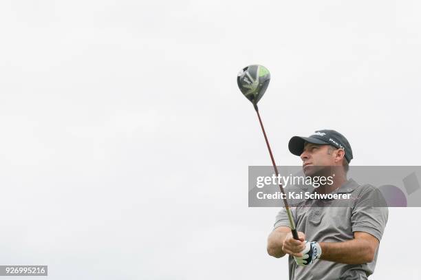 Terry Pilkadaris of Australia tees off during day four of the ISPS Handa New Zealand Golf Open at Millbrook Golf Resort on March 4, 2018 in...