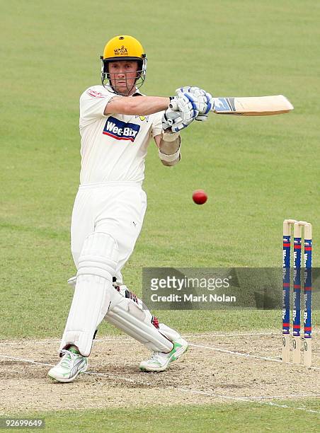 Luke Ronchi of the Warriors hits out during day two of the Sheffield Shield match between the New South Wales Blues and the Western Australian...