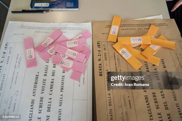 Italian citizens go to the polls to cast their votes to elect a new Italian government on March 4, 2018 in Pontecagnano Faiano, Italy. The economy...