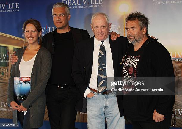 Maud Fontenoy and Louie Psihoyos and Ric O Barry and Luc Besson pose for the screening of the movie 'The Cove" at the 35th US film festival in...