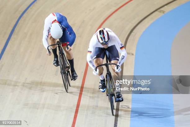 Maximilian Levy , Ryan Owens - Men`s sprint quarterfinals during the UCI Track Cycling World Championships in Apeldoorn on March 3, 2018.