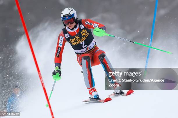 Henrik Kristoffersen of Norway competes during the Audi FIS Alpine Ski World Cup Men's Slalom on March 4, 2018 in Kranjska Gora, Slovenia.